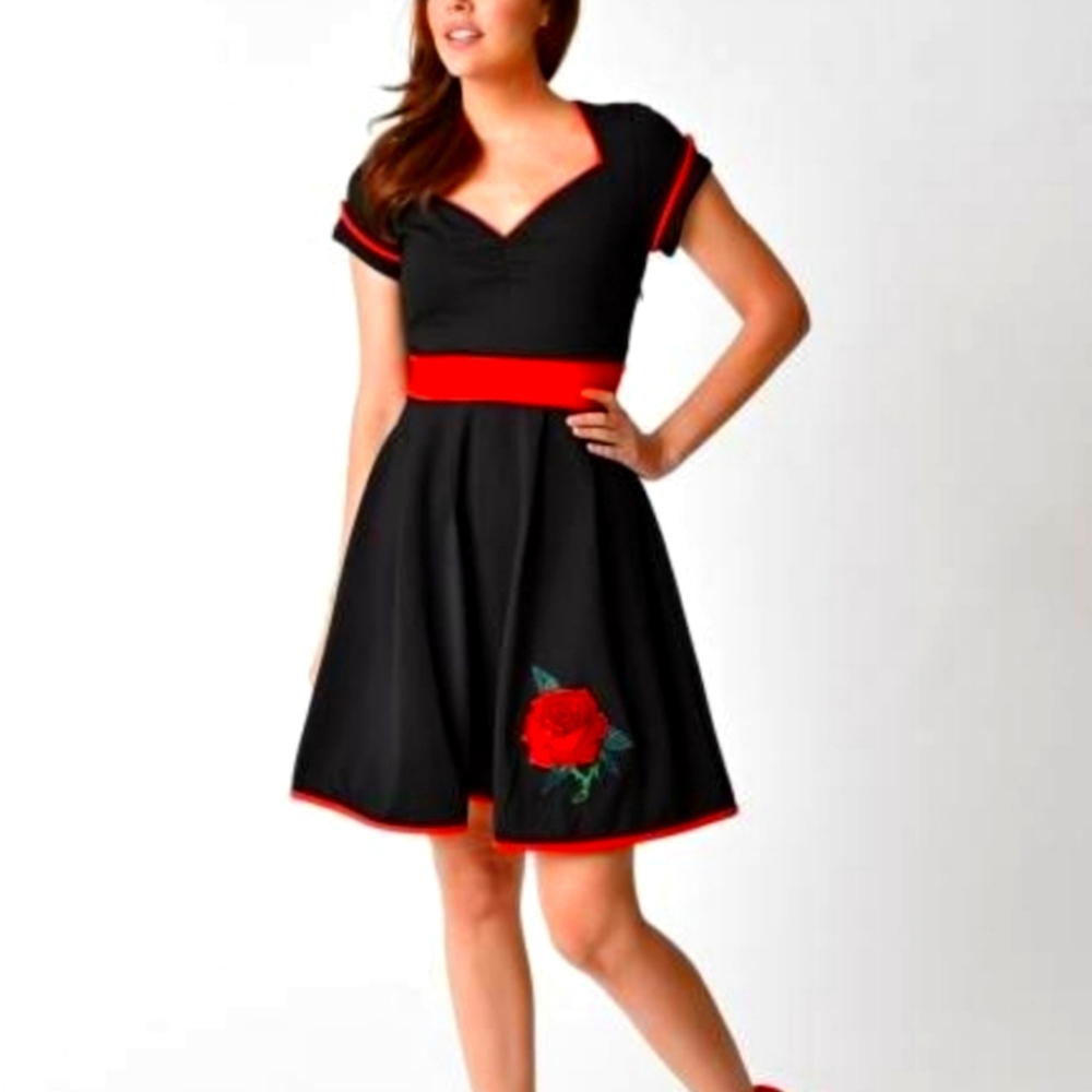 SOURPUSS Dollface Black With Red Rose Detail & Trim (S)